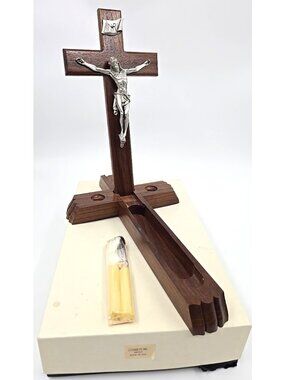 Vtg Last Rites Sick Call 12" Crucifix Cross INRI Walnut Candles Bottle USA Made